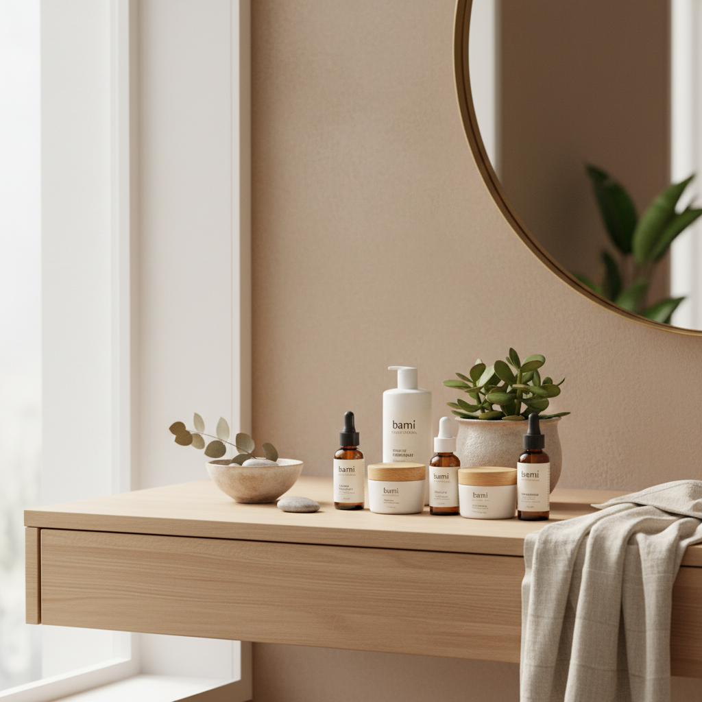 Minimalist vanity displaying organic skincare products bathed in soft, natural light with earthy tones.